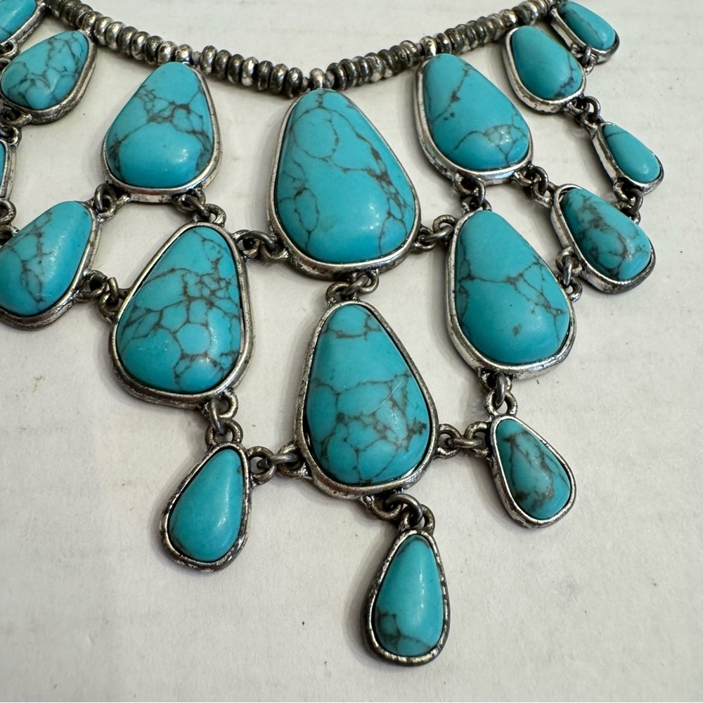 Lucky Brand Signed Faux Turquoise Stone Silver Tone Jewelry Chunky Boho Necklace - Picture 13 of 16